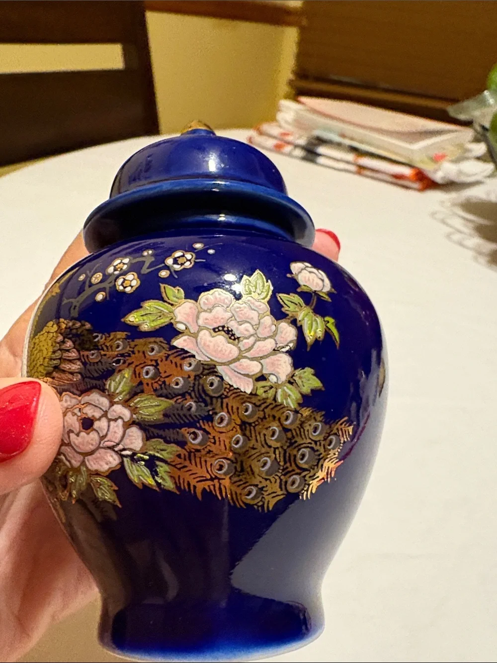 Cobalt Blue Porcelain Lidded Vase with Gold and Floral Motif
